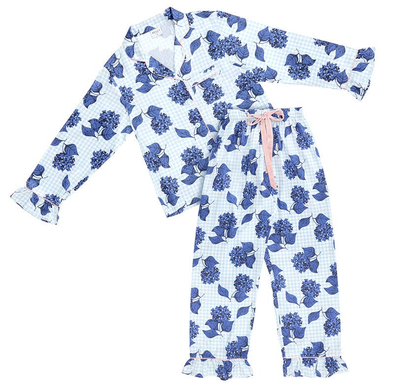 Blue Gingham + Hydrangeas Velvet Tie PJ Pant Set