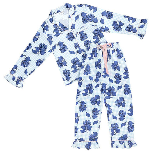 Blue Gingham + Hydrangeas Velvet Tie PJ Pant Set