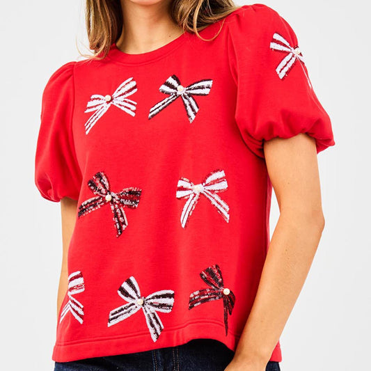 Red & Black Sequin Bows Tina Top