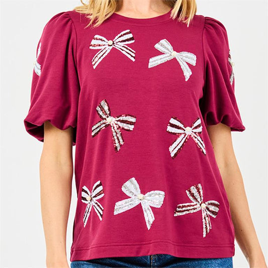 Maroon & White Sequin Bows Tina Top