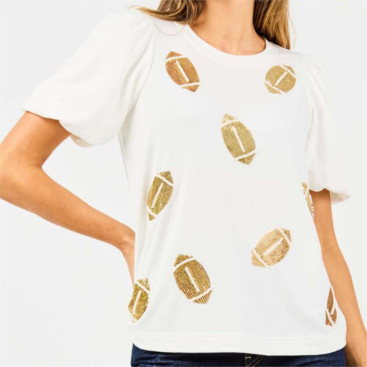 White & Gold Sequin Football Tina Top
