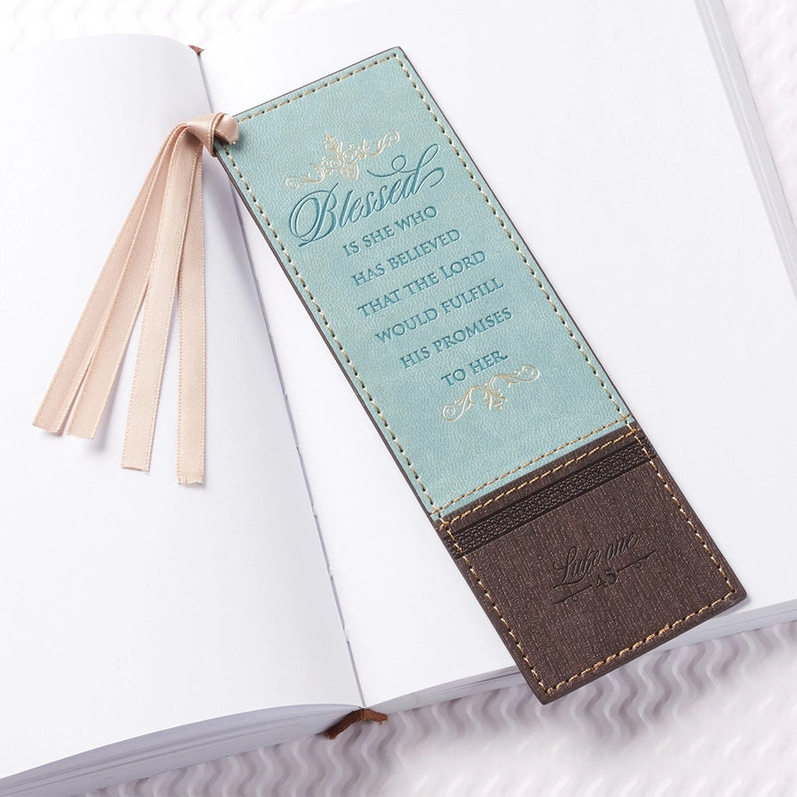 Blue/Brown Blessed Luke 1:45 Faux Leather Bookmark