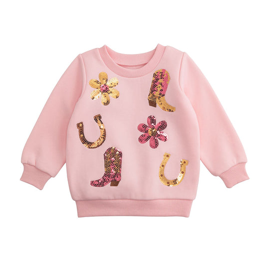 Mud Pie Light Pink Sequin Western Sweatshirt