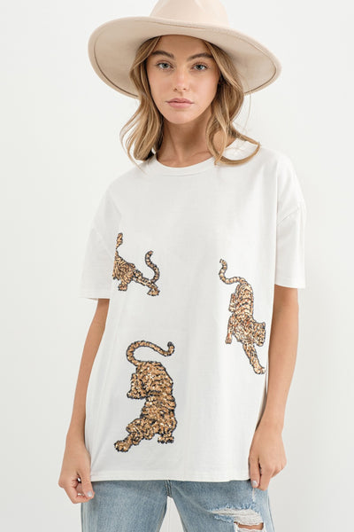 White & Gold Sequin Tiger Graphic Tee