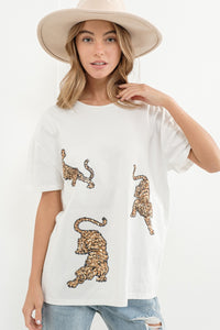 White & Gold Sequin Tiger Graphic Tee