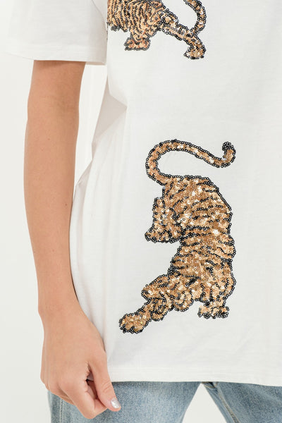 White & Gold Sequin Tiger Graphic Tee
