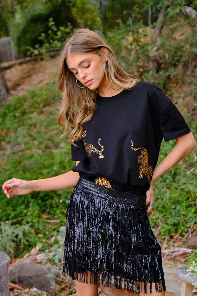 Black & Gold Sequin Tiger Graphic Tee