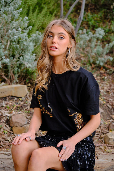 Black & Gold Sequin Tiger Graphic Tee