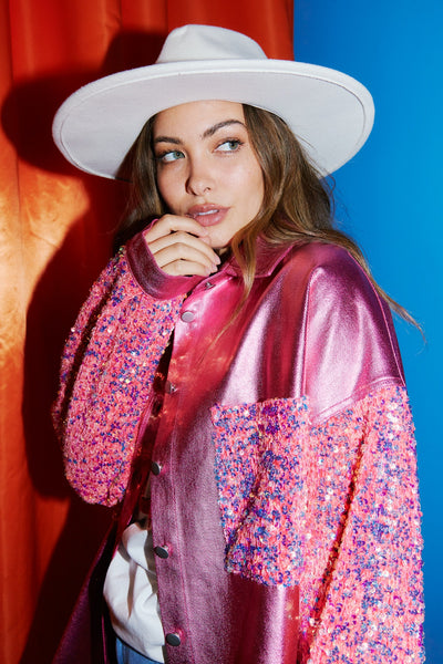 Pink Foil Sequin Sleeved Shacket