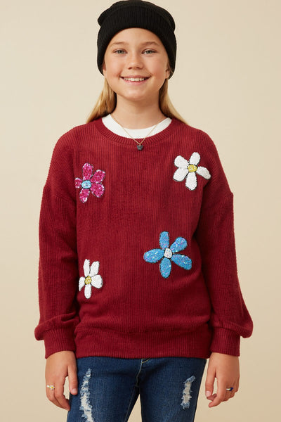 Tween Burgundy Sequin Floral Rib Knit Top