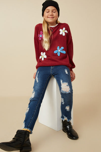 Tween Burgundy Sequin Floral Rib Knit Top