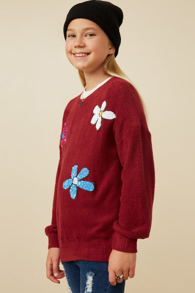 Tween Burgundy Sequin Floral Rib Knit Top