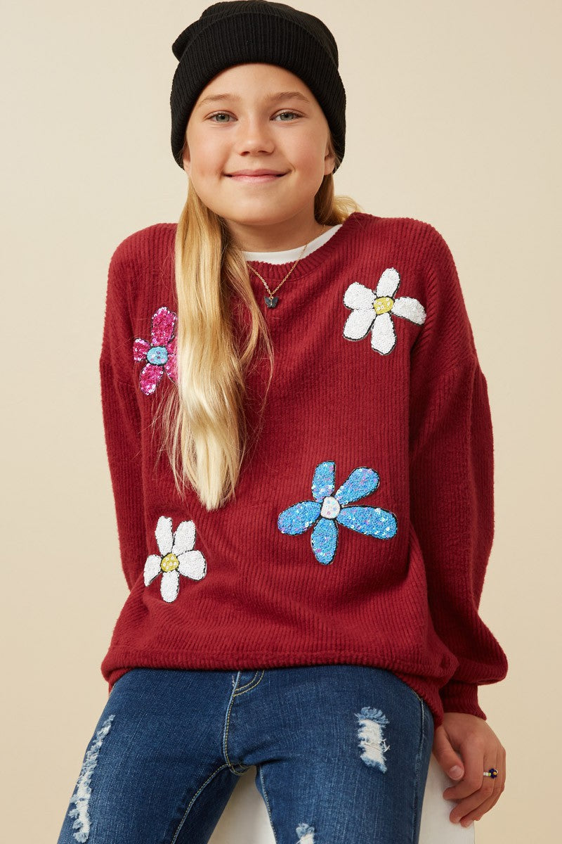 Tween Burgundy Sequin Floral Rib Knit Top