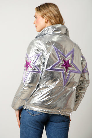 Silver & Purple Metallic Star Puffer Jacket