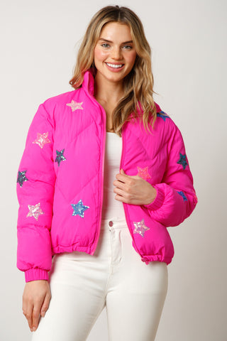 Fuchsia Multi Sequin Star Puffer Jacket