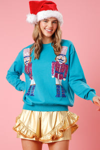 Teal Nutcracker Sequin Sweater