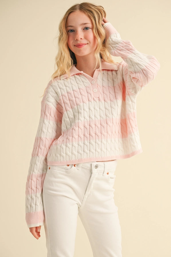 Tween Pink Long Sleeve Cable Knit Polo