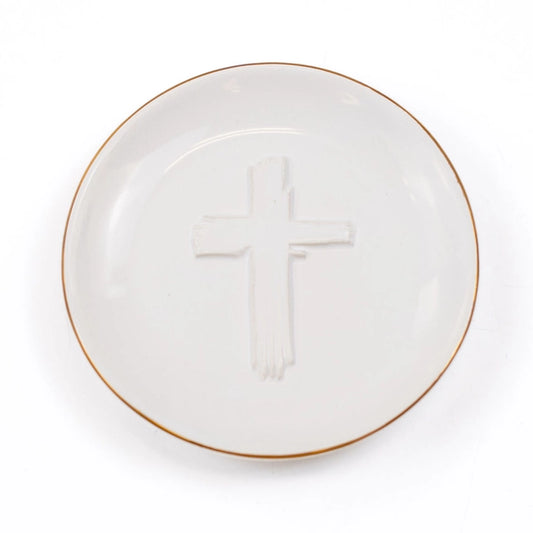 White & Gold Embossed Cross Trinket Dish