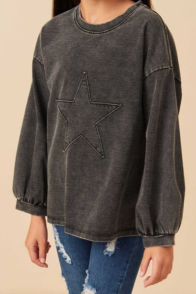 Tween Black Washed Star Patch Sweatshirt