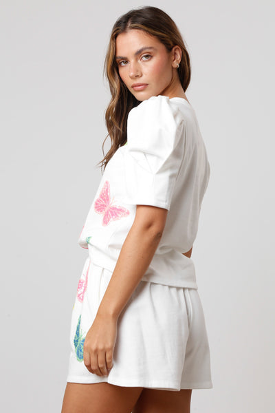 White Sequin Butterfly Puff Sleeve Tee