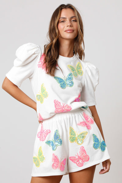 White Sequin Butterfly Puff Sleeve Tee