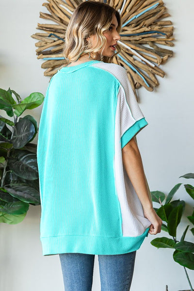 Turquoise Color Block Ribbed Sara Top