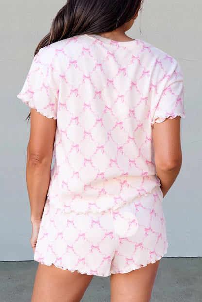 Bow Knot Lettuce Trim Lounge Shorts Set