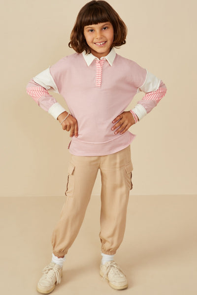 Tween Pink Stripe & Color Block Contrast Top