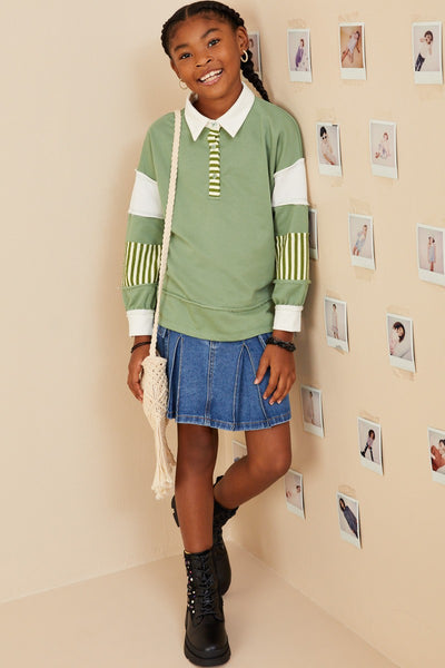 Tween Olive Stripe & Color Block Contrast Top