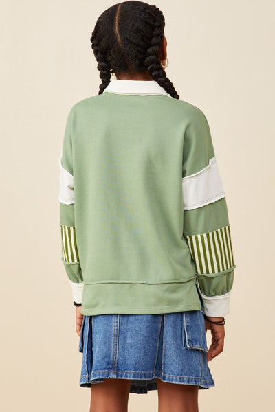 Tween Olive Stripe & Color Block Contrast Top