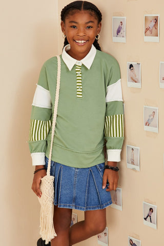 Tween Olive Stripe & Color Block Contrast Top