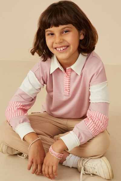 Tween Pink Stripe & Color Block Contrast Top