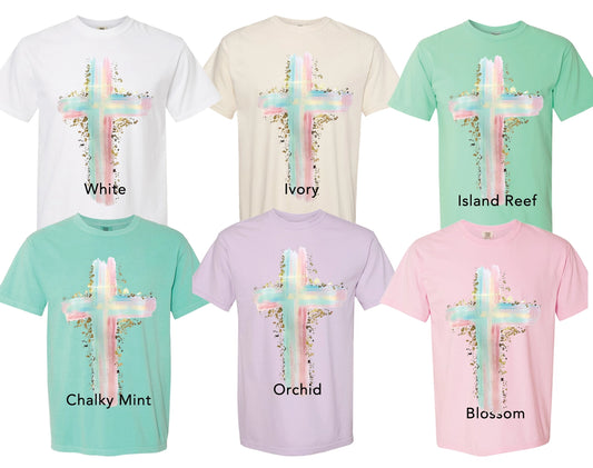 Pastel Painted Cross Gold Foil Tee