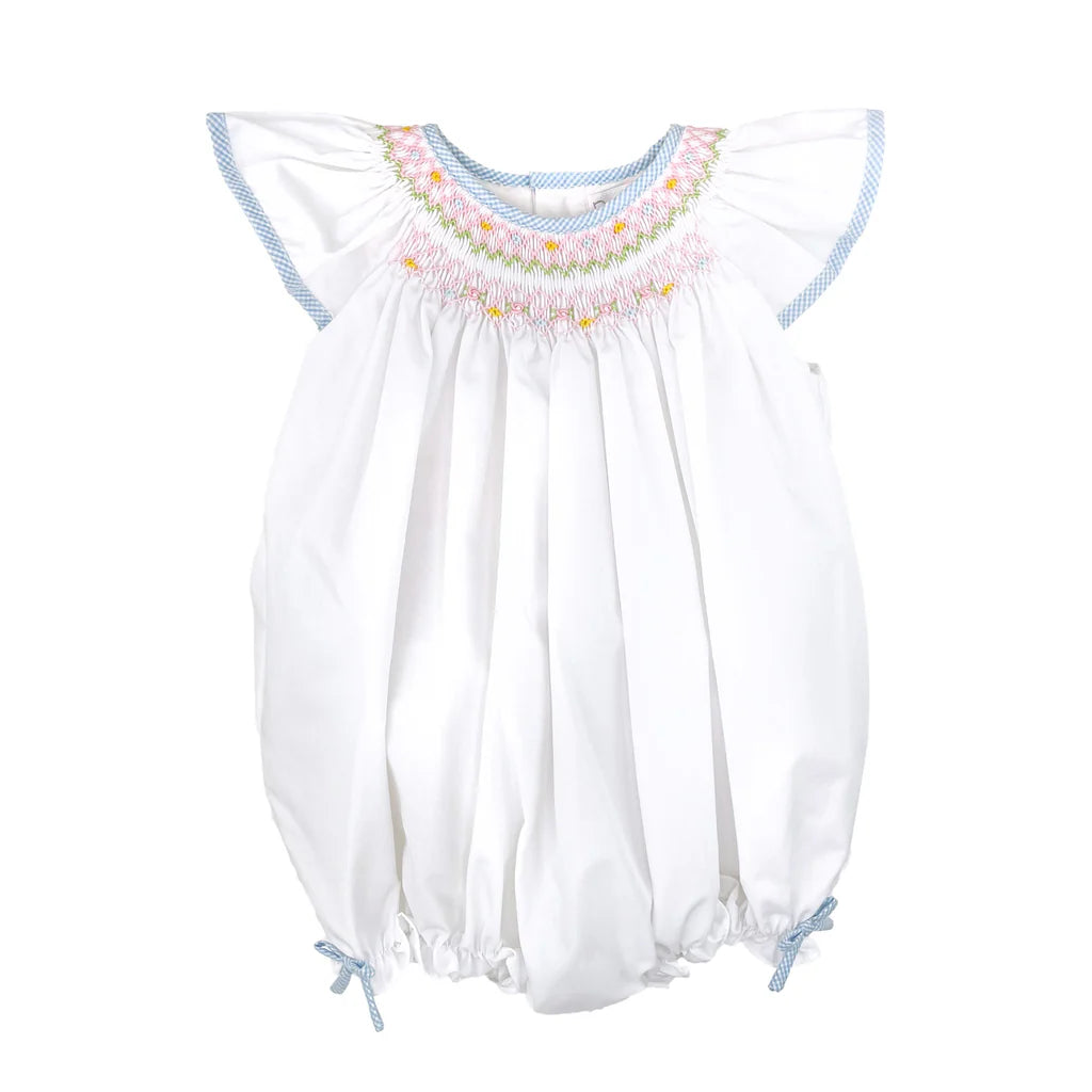 White & Blue Smocked Bubble Romper