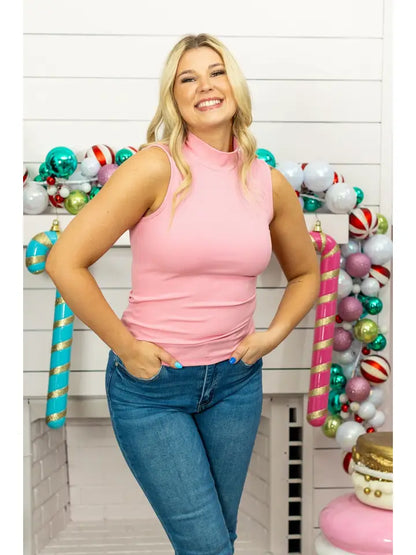 Pink Ribbed Sleeveless Turtleneck Tank