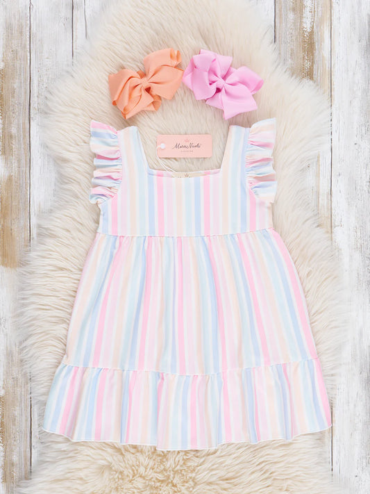 Youth Pastel Striped Flutter Sleeve Dress