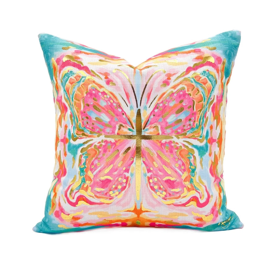 Tropical Kaleidoscope Butterfly Gold Foil Pillow