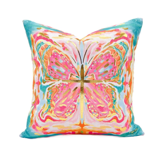 Tropical Kaleidoscope Butterfly Gold Foil Pillow