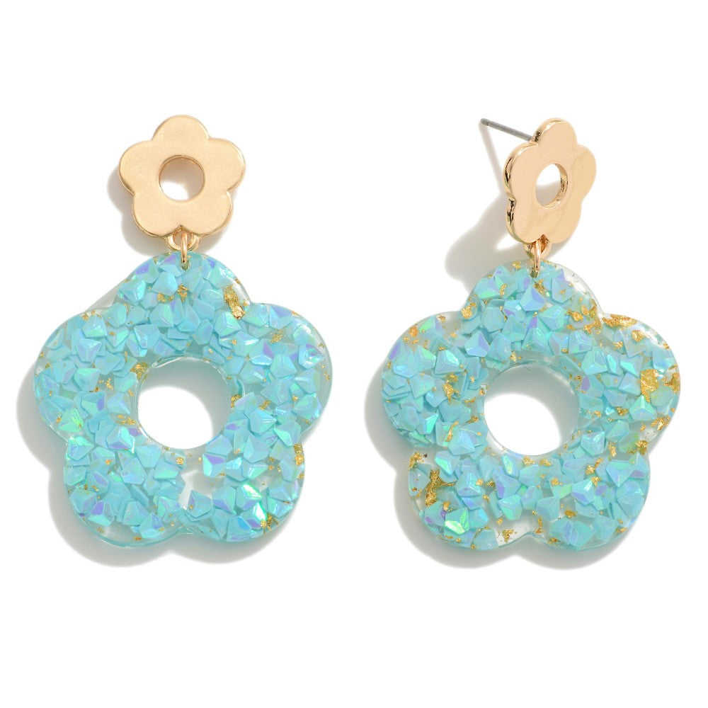 Light Blue Glitter Resin Flower Drop Earrings