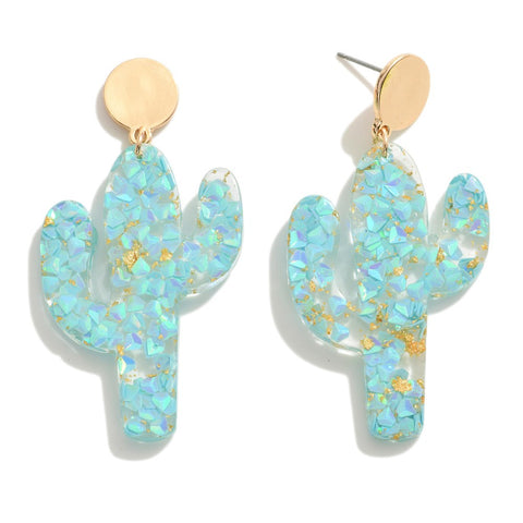 Blue Glitter Resin Cactus Drop Earrings