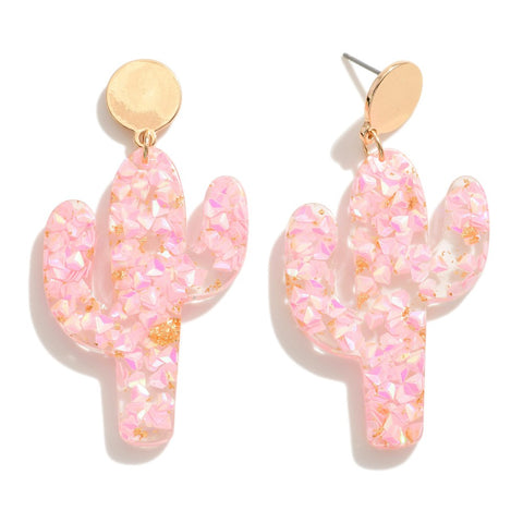 Pink Glitter Resin Cactus Drop Earrings