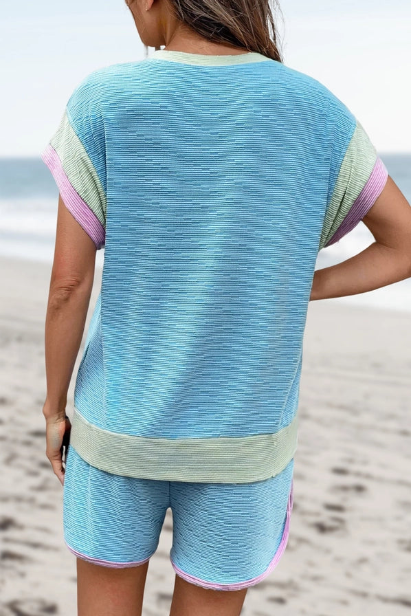 Light Blue Corded Contrast Top & Short Set