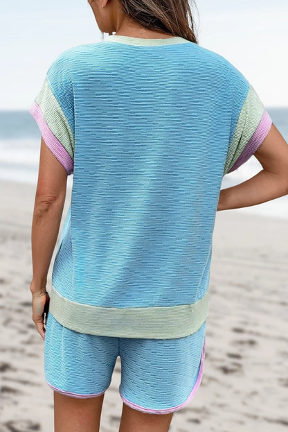 Light Blue Corded Contrast Top & Short Set