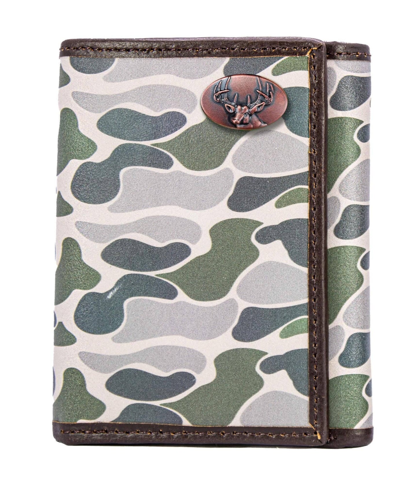 Brown & Tan Camo Buck Trifold Leather Wallet
