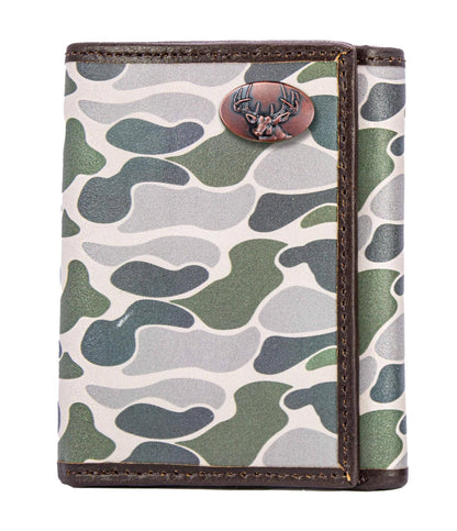 Brown & Tan Camo Buck Trifold Leather Wallet