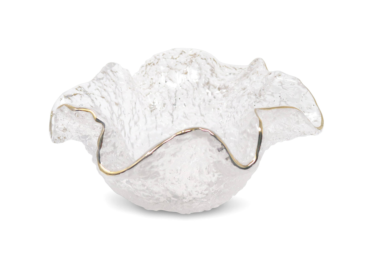 Small Hammered Glass Ruffled Bowl With Gold Trim