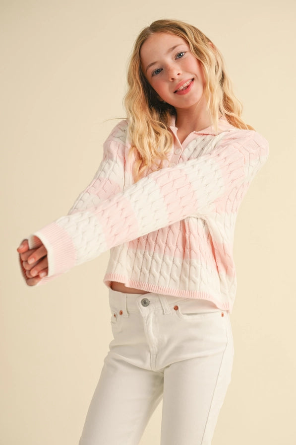 Tween Pink Long Sleeve Cable Knit Polo