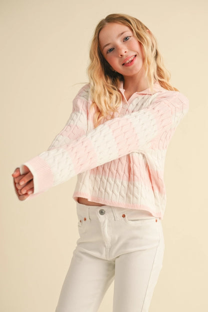 Tween Pink Long Sleeve Cable Knit Polo