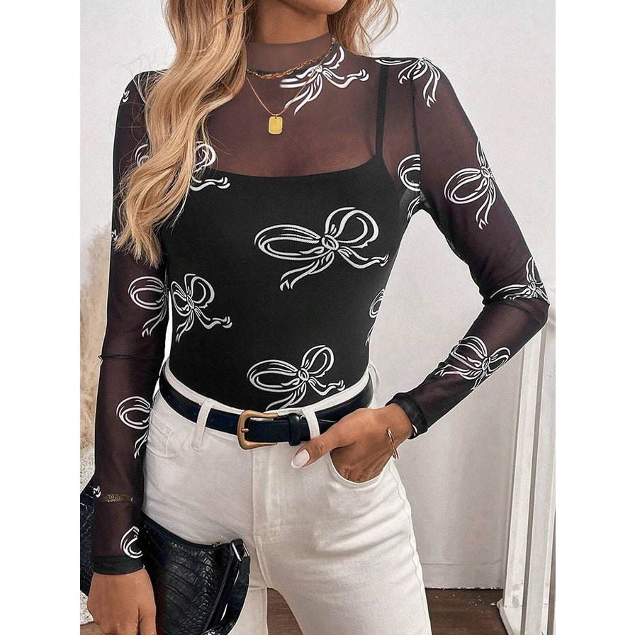 Black with White Bow Sheer Blouse