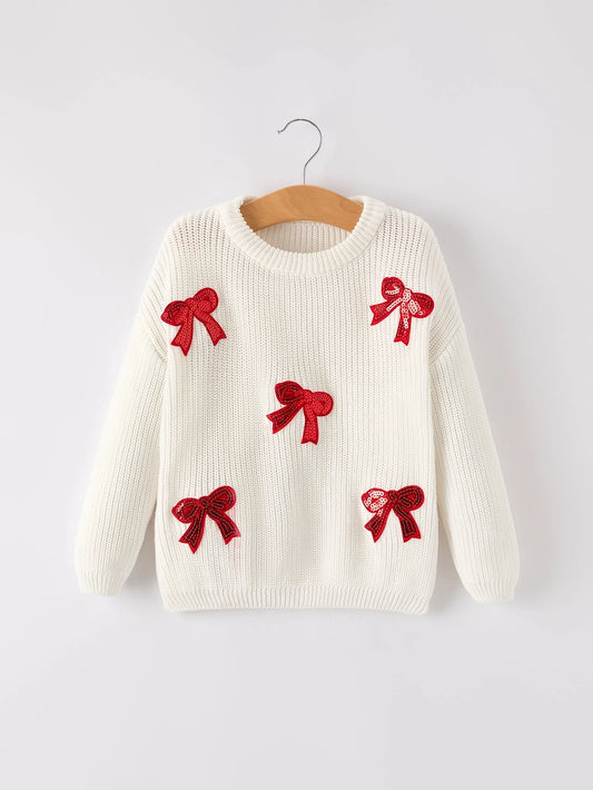 Youth Cream Sweater with Red Sequin Bows